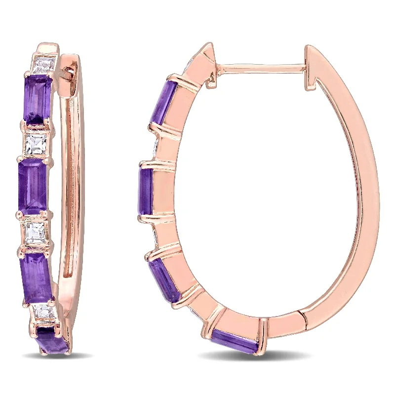 Drop Earrings for Gym Workout -Miadora Rose Plated Sterling Silver Baguette-cut African-Amethyst & White Topaz Oval Hoop Earrings - 29.2mm x 3.3mm x 22.8mm