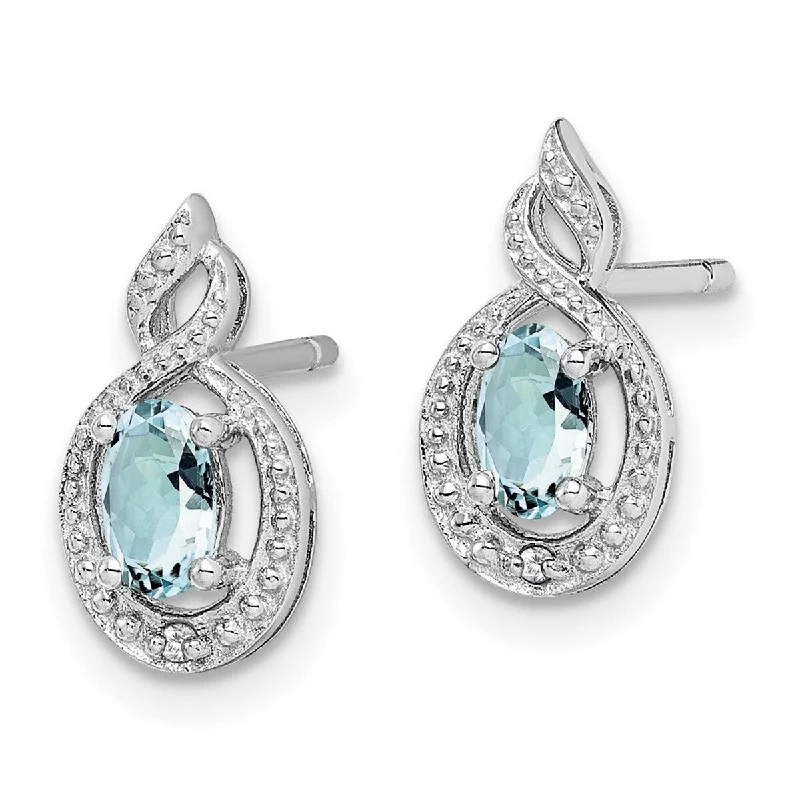 Drop Earrings with Etched Designs -Curata 925 Sterling Silver 13x7mm Aquamarine and Diamond Post Earrings