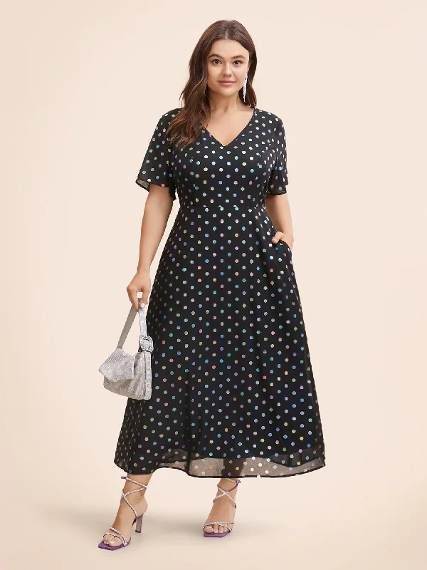 Plus size dresses for long days support fully -V Neck Polka Dot Glitter Ruffle Sleeve Dress