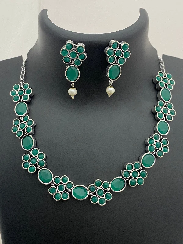 Trendy necklaces and pendants with geometric shapes for a modern aesthetic-Traditional Emerald Oxidized German Silver Necklace With Earrings