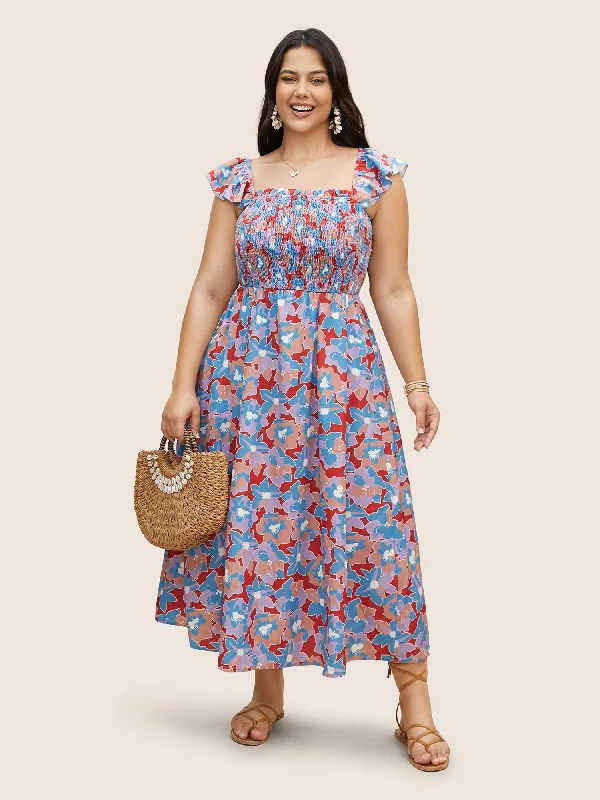 Plus size dresses with floral appliques feel sweet -Multicolor Floral Textured Ruffle Trim Dress