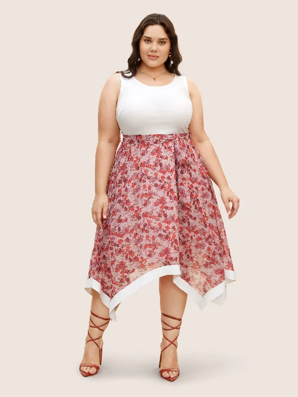 Plus size dresses with breathable layers stay airy -Ditsy Floral Patchwork Hanky Hem Midi Dress