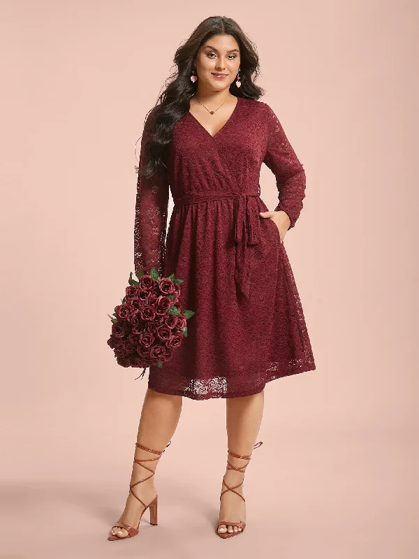 Plus size dresses featuring ruffle details add charm -Crochet Lace Mesh Surplice Neck Belted Dress