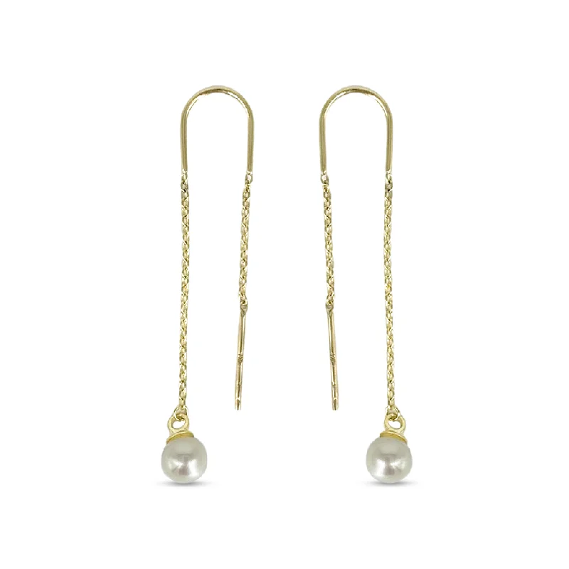 Drop Earrings for Office Wear -10K Yellow Gold Freshwater Pearl Drop Threader Earrings