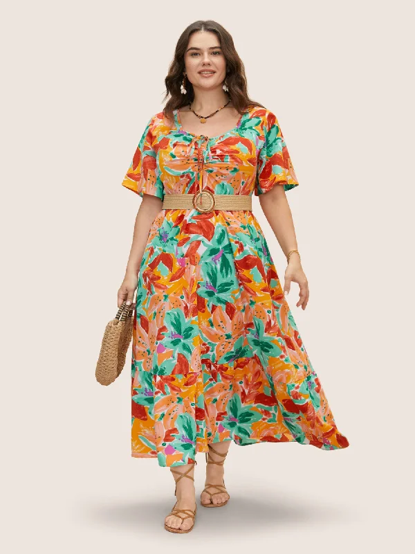 Plus size dresses featuring geometric prints are trendy -Heart Neckline Floral Drawstring Maxi Dress