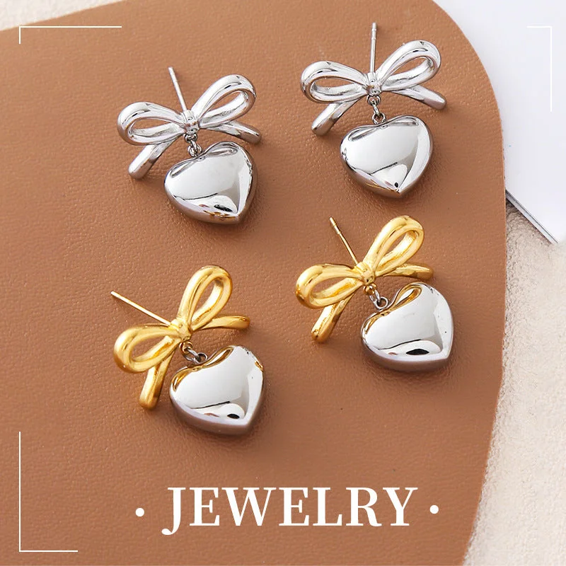 Hippie Drop Earrings with Beads -Wholesale Simple and Fashionable Love Bow Light Luxury Style High-end Metal Earrings