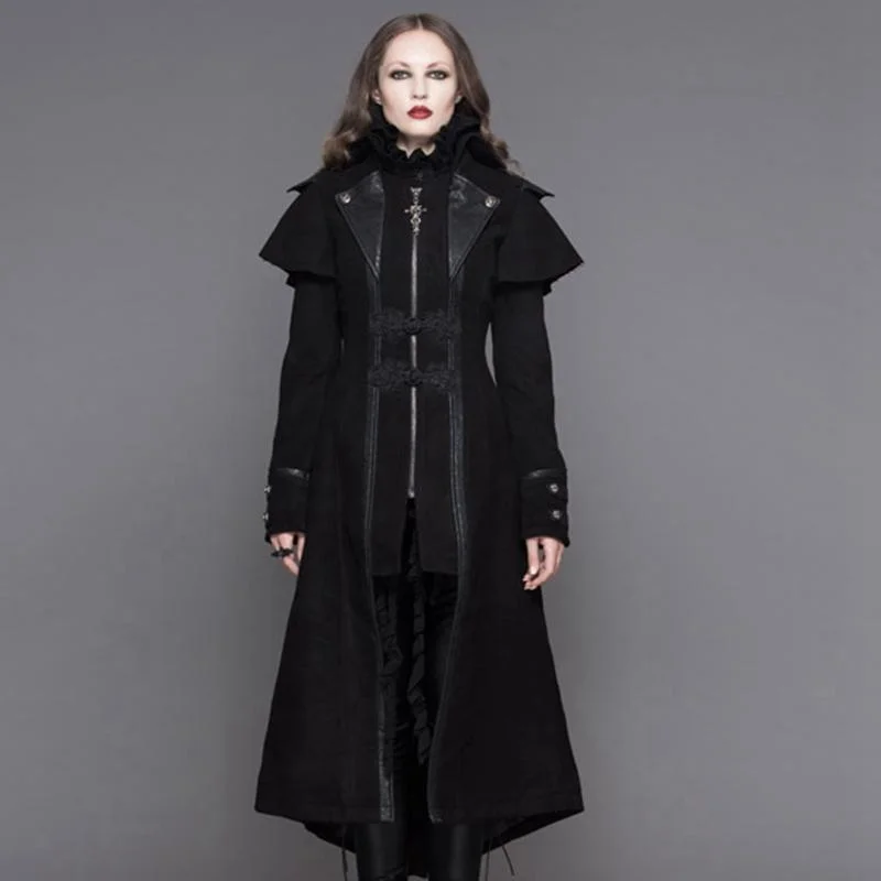 Athletic T-Shirts for Sports Look -Women's Asymmetric Long Leather Trimmed Goth Coat