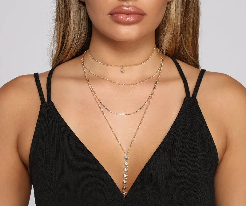 Stunning necklaces and pendants with ruby gemstones for a luxurious red hue-Lady Luxe Four Row Rhinestone Lariat Necklace