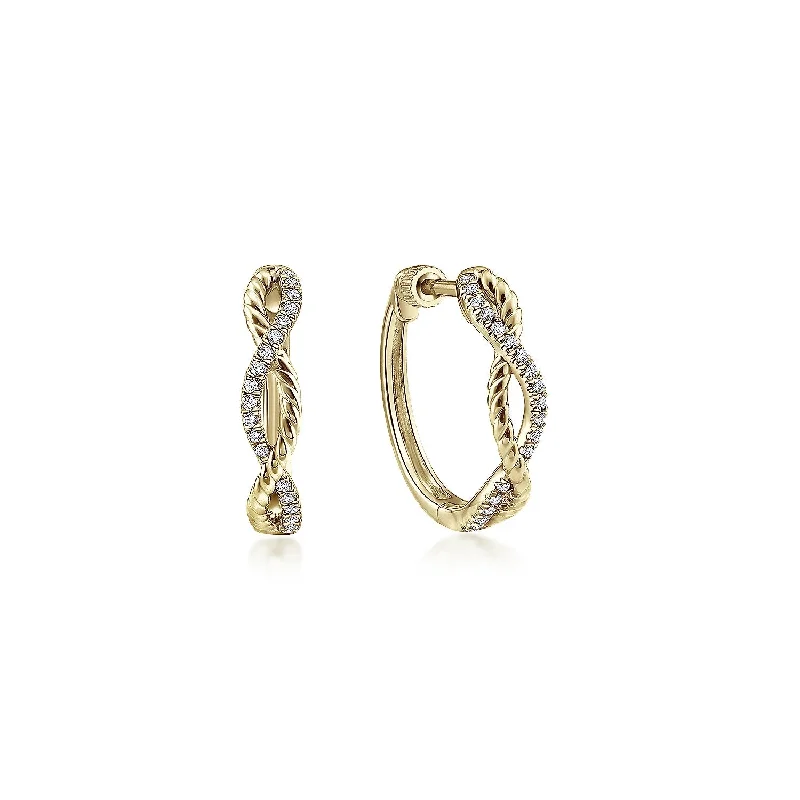 Lightweight Drop Earrings for All Day -14K Yellow Gold 15mm Twisted Rope and Diamond Huggies