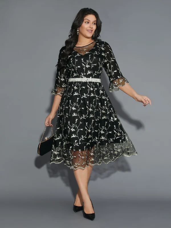 Plus size dresses with breathable layers stay airy -Floral Embroidered Ruffles Mesh Dress