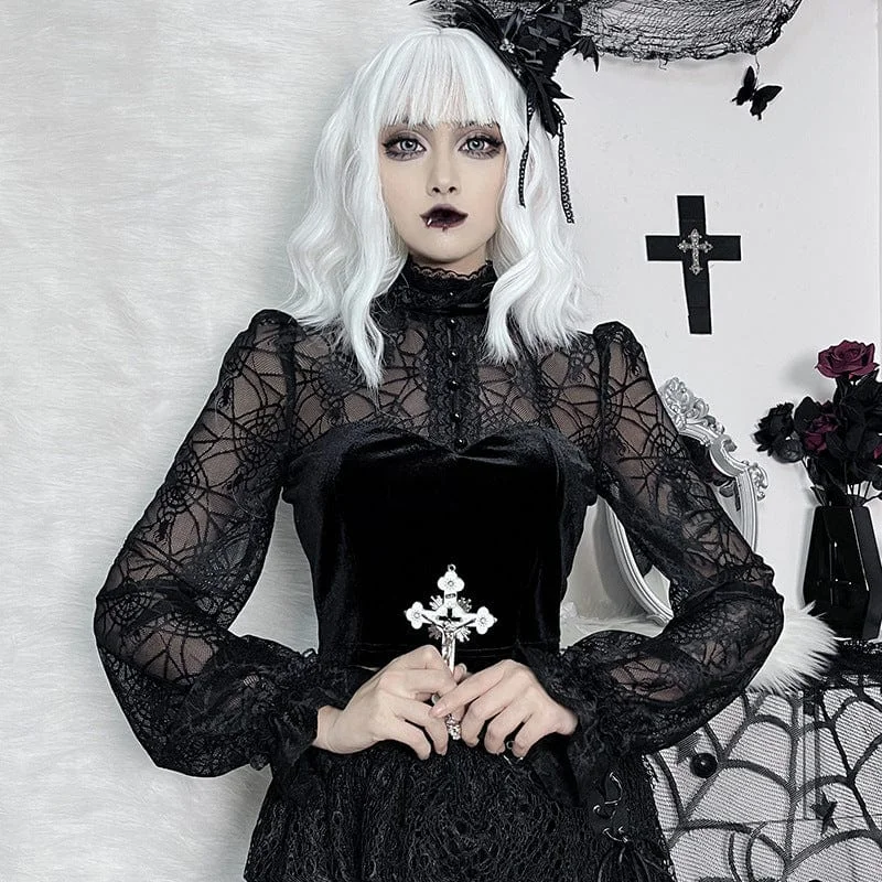 Oversized T-Shirts for Trendy Look -Women's Gothic Lace Collar Spider Web Sheer Shirt