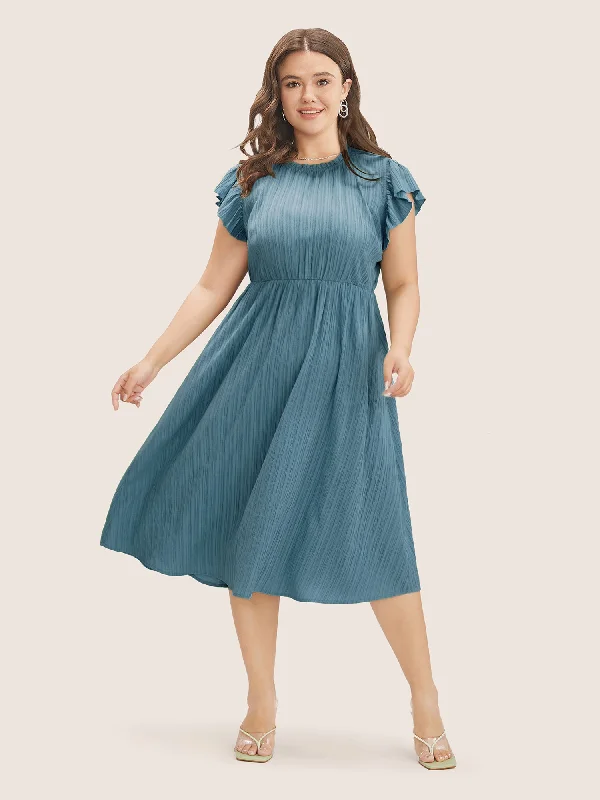 Plus size dresses featuring boho vibes are chic -Plain Cap Sleeve Ruffles Trim Mock Neck Pocket Dress