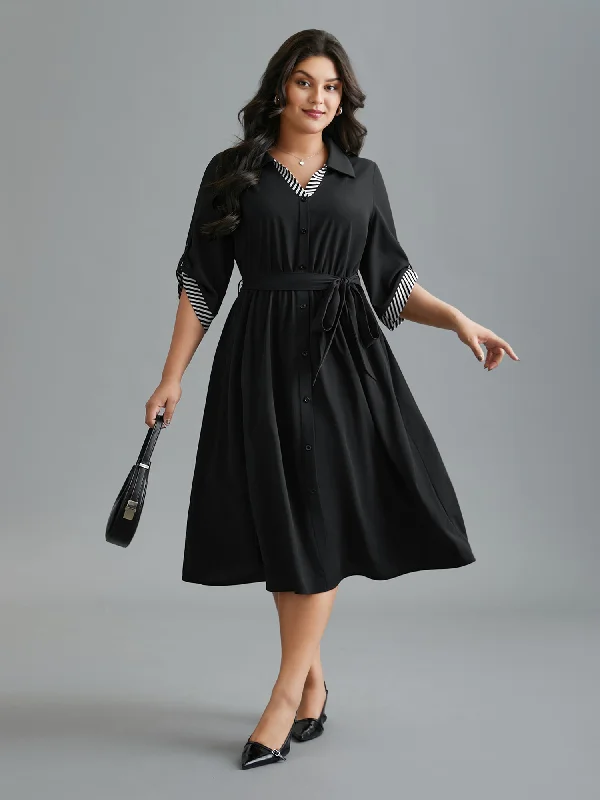 Plus size dresses for bold looks stand out -Tab Sleeve Striped Belted Shirt Dress