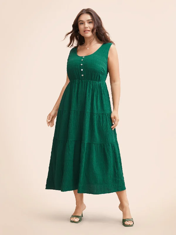 Plus size dresses with high waists define curves -Textured Button Detail Ruffle Layered Hem Dress