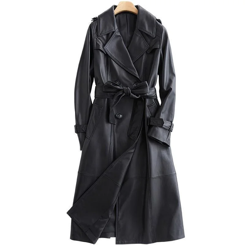 Sports T-Shirts for Athletic Activities -Black Lapel Leather Trench Coat For Women