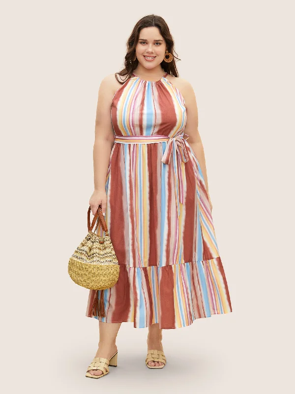 Plus size dresses featuring vibrant colors lift moods -Colored Striped Ruffle Layered Hem Dress