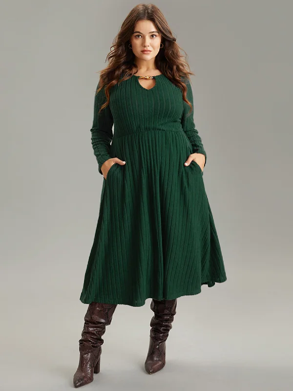 Plus size dresses for festive events shine loud -Rib Knit Plain Notched Pocket Dress