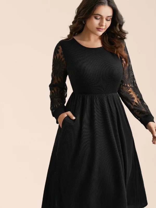 Plus size dresses featuring animal prints feel wild -Sheer Textured Sleeve Waist Cinched Midi Dress