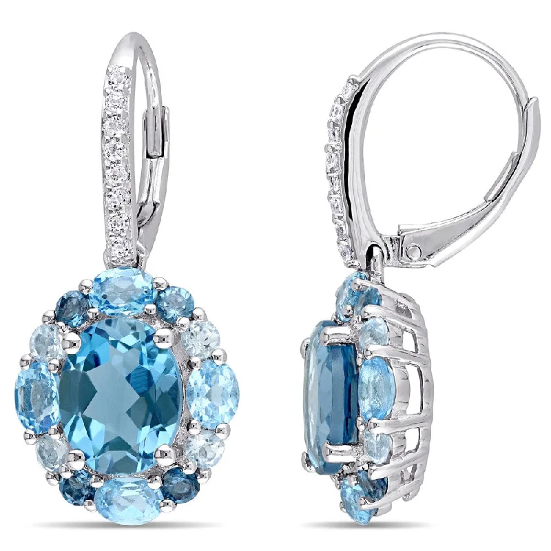 Drop Earrings for Work Attire -Miadora Sterling Silver Blue and White Topaz Leverback Floral Cluster Halo Drop Earrings