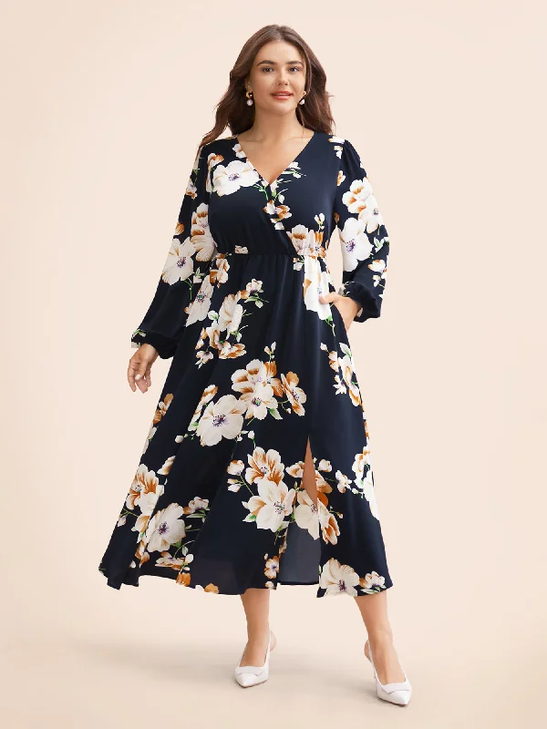 Plus size dresses with soft cotton feel comfy -Bloom Dress - Floral Lantern Sleeve Pocket Split Surplice Neck Flutter Maxi Dress