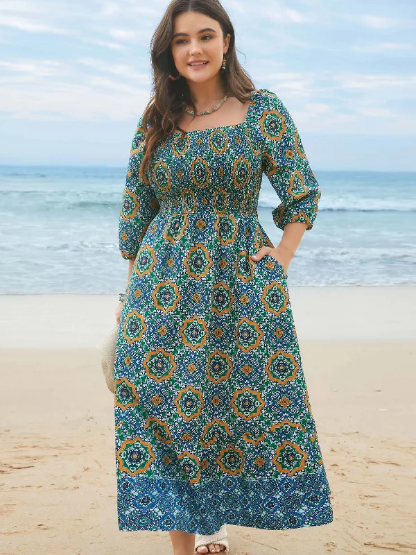 Plus size dresses for outdoor events stay comfy -Ornate Print Shirred Stretchy Waist Midi Dress