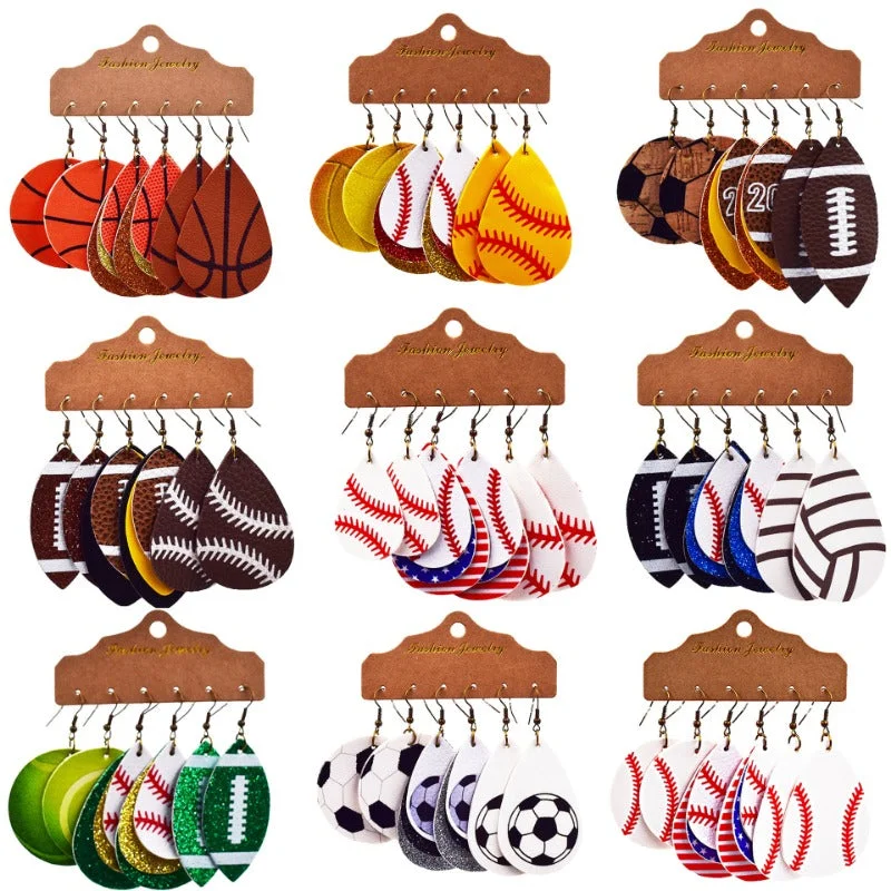 Drop Earrings with Keyhole Designs -Wholesale Multi-layer Leather Earrings Rugby Football Leather Earrings Combination Leather Earrings