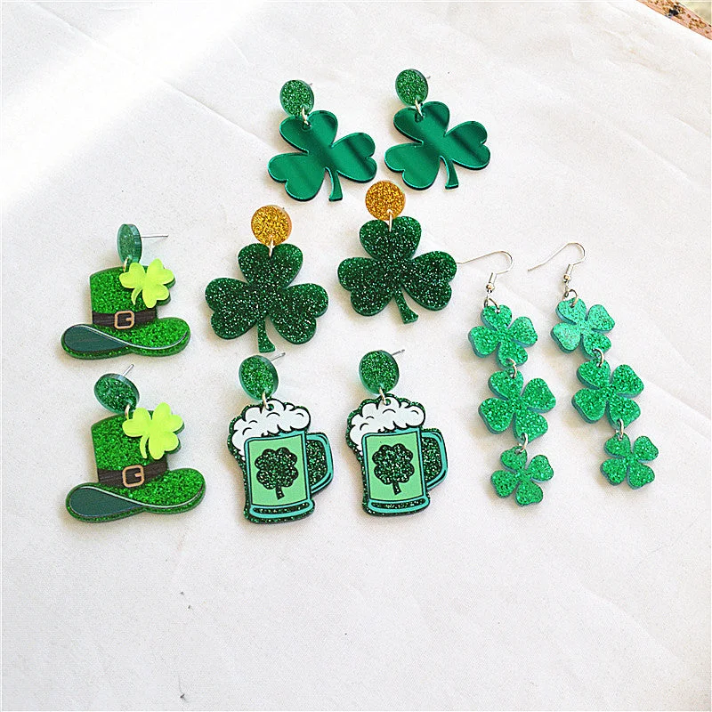 Drop Earrings with Knot Designs -Wholesale St Patrick's Day earrings Carnival personalized all-match Green acrylic glitter Clover lucky grass earrings