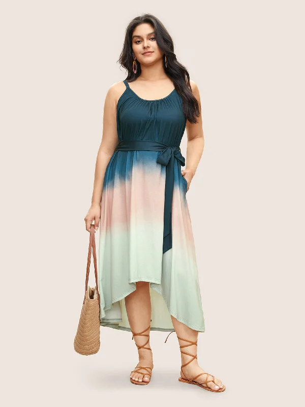 Plus size dresses featuring chevron prints are sharp -Tie Dye Belted Gathered Asymmetrical Hem Dress