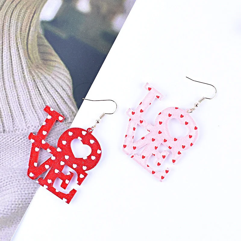 Drop Earrings for Work Attire -Wholesale Valentine's Day Love Red Pink Glitter Love English Letter Party Gift Earrings