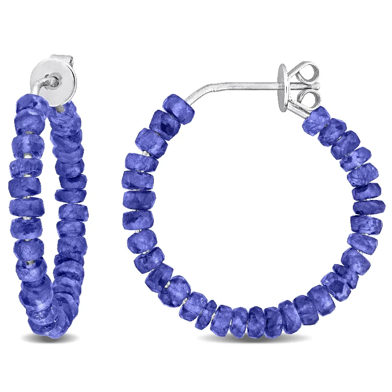 Drop Earrings with Etched Designs -Miadora Sterling Silver 3.5-4mm Blue Sapphire Bead 1.38ct tgw 26mm Hoop Earrings