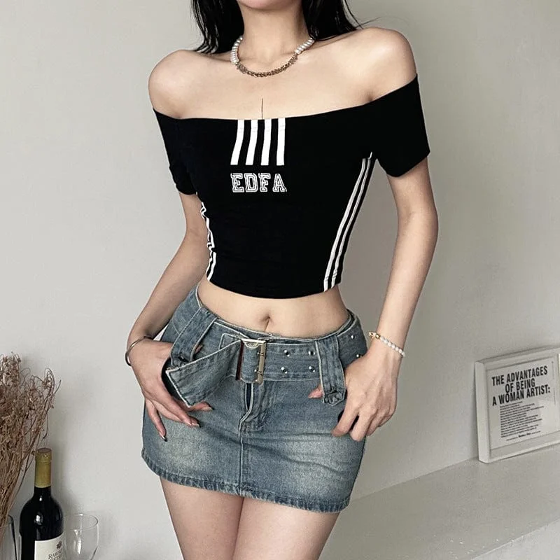 Anniversary T-Shirts for Special Occasion -Women's Grunge Off Shoulder Letter Printed Crop Top