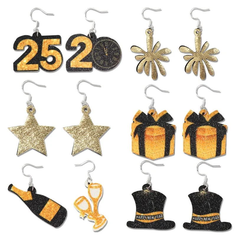 Drop Earrings for Birthday Celebration -Wholesale Star Wine Glass New Year's Eve Black Gold Party Decoration Earrings