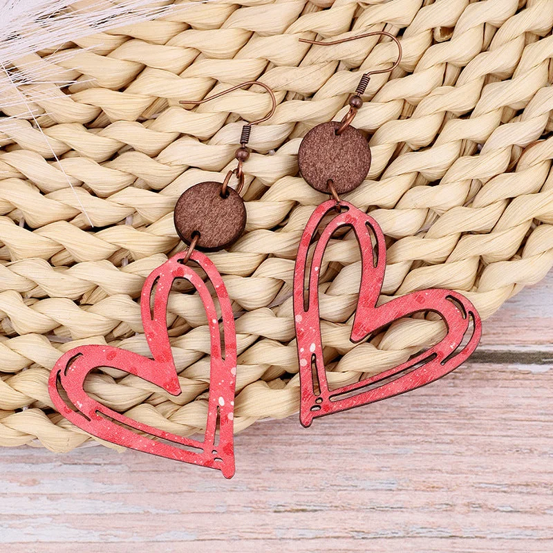 Floral Drop Earrings with Petals -Wholesale Valentine's Day Fashion Hollow Heart Wood Slice Women's Earrings