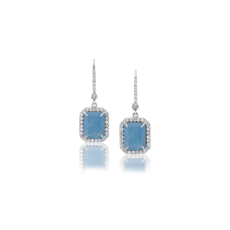 Drop Earrings with Etched Designs -Aquamarine with Diamond Halo French Hook Earrings