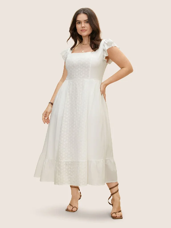 Plus size dresses for elegant dinners glow softly -Square Neck Broderie Anglaise Ruffle Cap Sleeve Dress