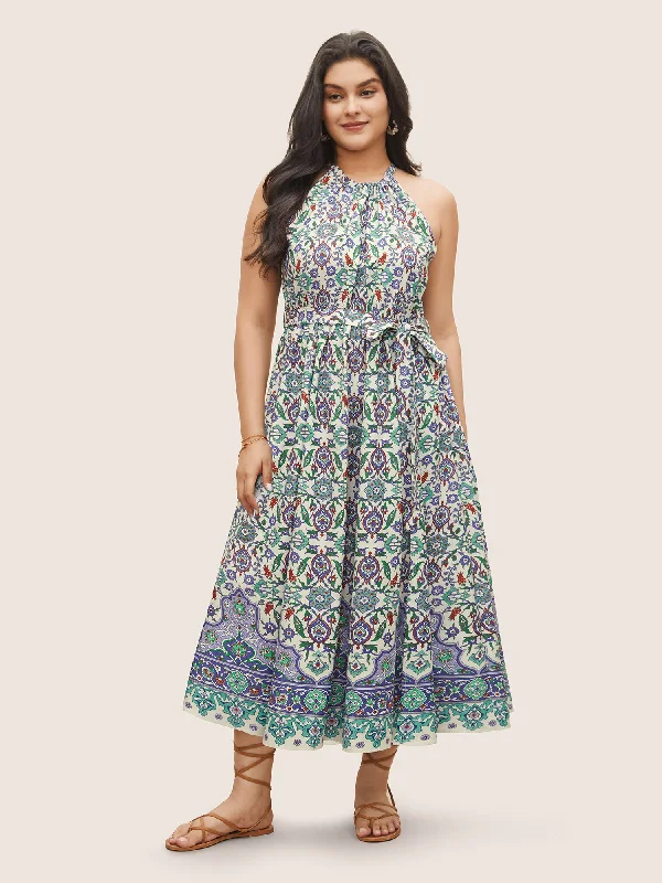 Plus size dresses featuring tie-dye patterns are quirky -Boho Print Halter Gathered Belted Dress