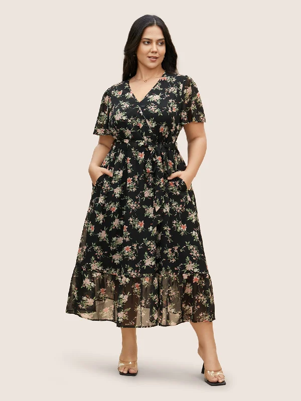 Plus size dresses with unique necklines add flair -Surplice Neck Chiffon Floral Belted Dress