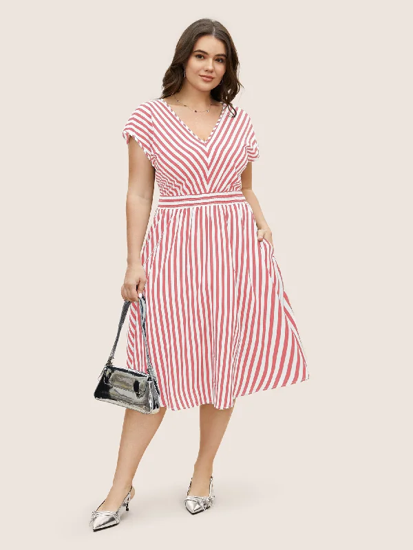 Plus size dresses featuring wrap styles are versatile -Striped Shirred Dolman Sleeve Dress