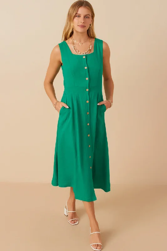 Plus size dresses featuring vibrant colors lift moods -Button Down Textured Square Neck Tank Dress