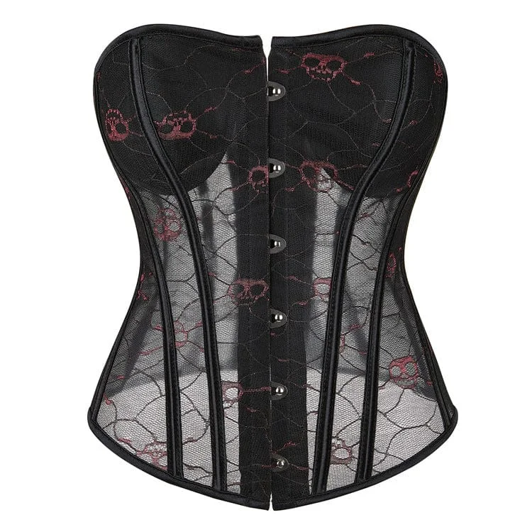 Beige T-Shirts for Neutral Look -Women's Gothic Skull Printed Mesh Overbust Corset