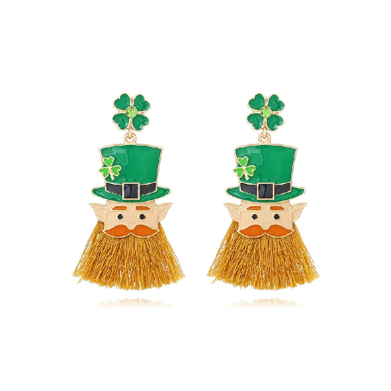 Drop Earrings with Vine Designs -Wholesale St. Patrick Carnival four-leaf clover head tassel earrings alloy drop oil Irish hat earrings