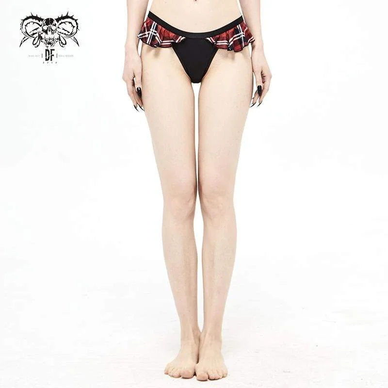 Rhinestone T-Shirts for Bling Look -Women's Grunge Black Cheeky Bikini Bottoms with Scottish Check Ruffles