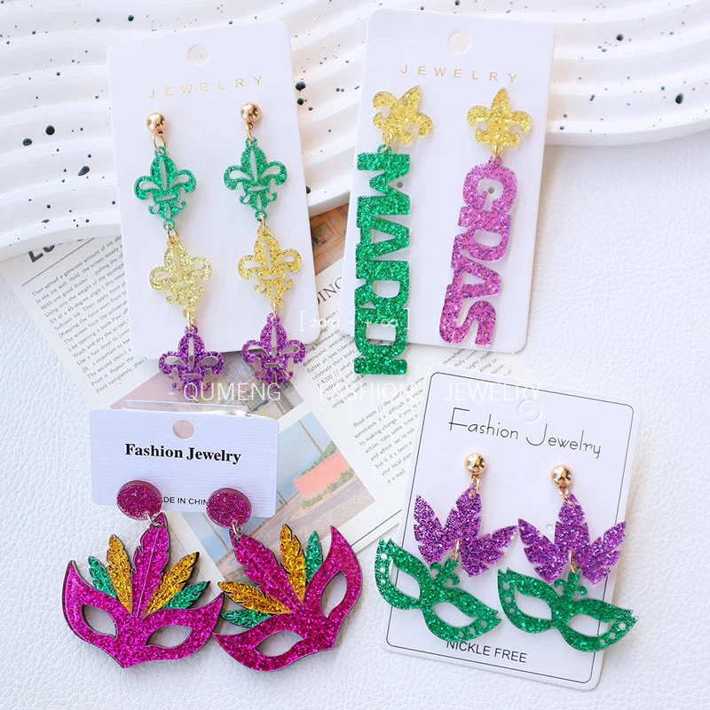 Magnetic Closure Drop Earrings for Easy -Wholesale Carnival acrylic gold green purple mask party holiday earrings