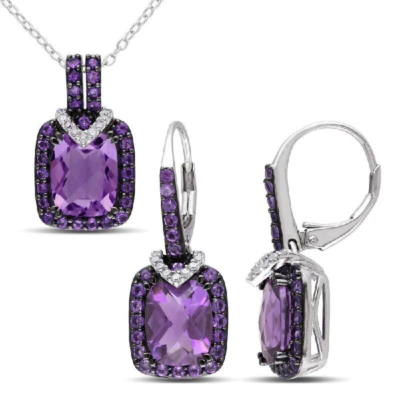 Crystal and Pearl Drop Earrings for Glamour -Miadora Cushion-Cut Amethyst-Africa and 1/8ct TDW Diamond Leverback Earrings and Necklace Set in Sterling Silver (G-H, I2-I3)