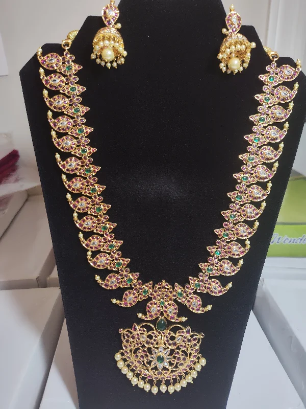 Best necklaces and pendants with floral designs for a feminine and elegant feel-Alluring Long Gold Mango Motif Design Necklace Set With Multicolor Stones