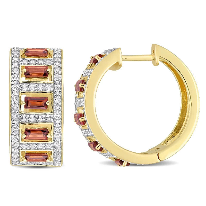 Drop Earrings for Engagement Party -Miadora Baguette Garnet and White Topaz Hoop Earrings in Yellow Plated Sterling Silver