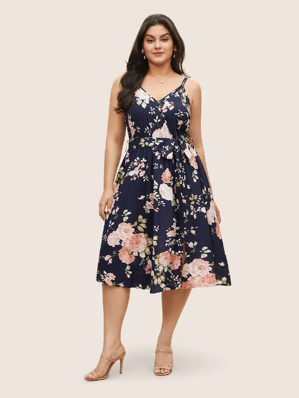 Plus size dresses featuring boho vibes are chic -Floral Wrap Elastic Waist Belted Sleeveless Dress