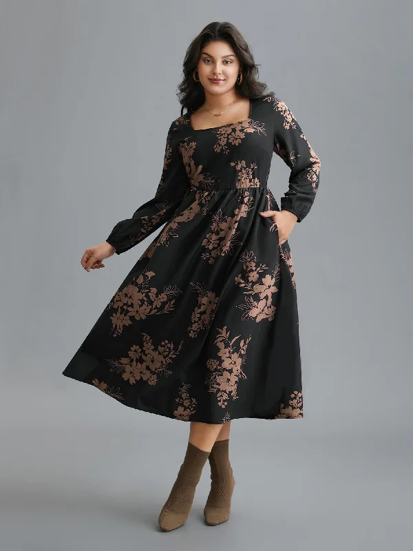 Plus size dresses with vibrant shades feel fun -Floral Square Neck Pocket Midi Dress