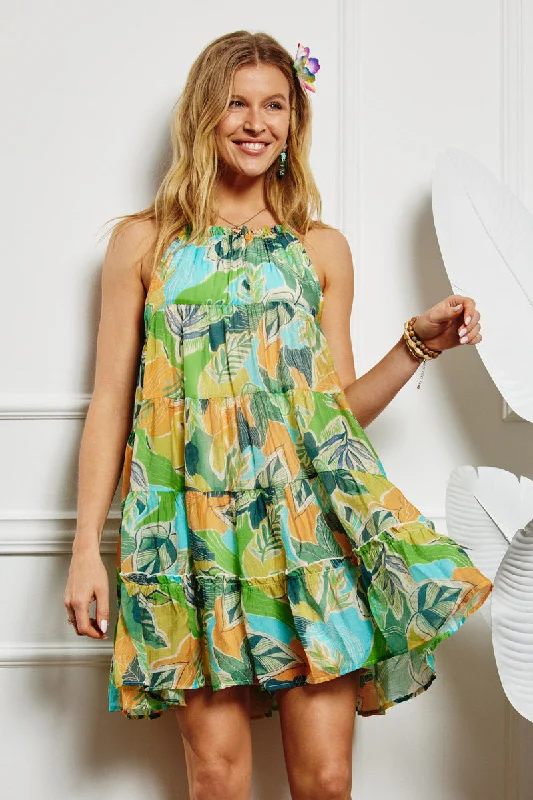 Plus size dresses for summer keep you cool -Textured Botanical Print Tiered Tank Dress