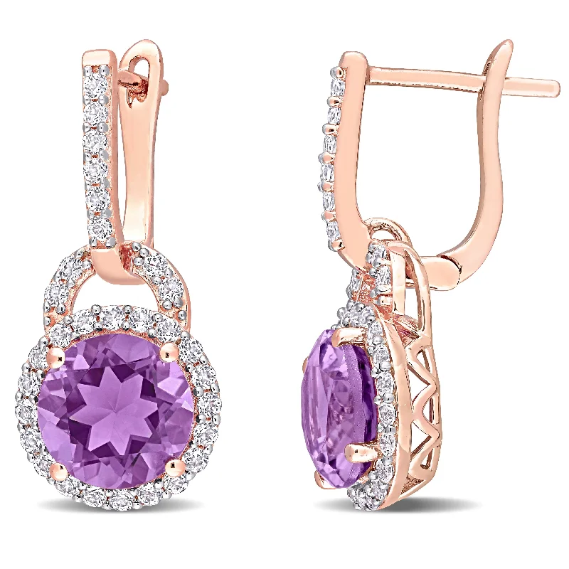 Drop Earrings for Birthday Celebration -Miadora Rose Plated Sterling Silver Amethyst and White Topaz Halo Hoop Drop Earrings